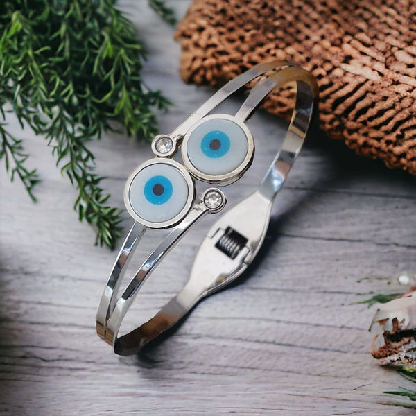 Stainless Steel Twin Evil Eye Mother of Pearl Silver Openable Kada Bangle Women Main image