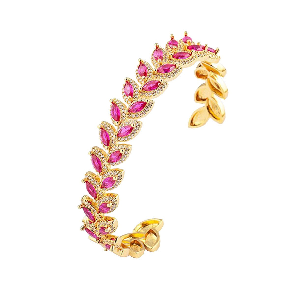 Floral Leaf Ruby Red CZ 18K Gold Anti Tarnish Copper Cuff Kada Bulk