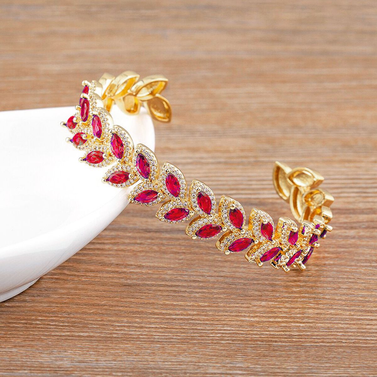 Floral Leaf Ruby Red CZ 18K Gold Anti Tarnish Copper Cuff Kada Bulk