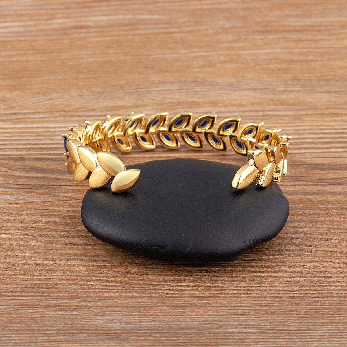 Floral Leaf Ruby Red CZ 18K Gold Anti Tarnish Copper Cuff Kada Bulk