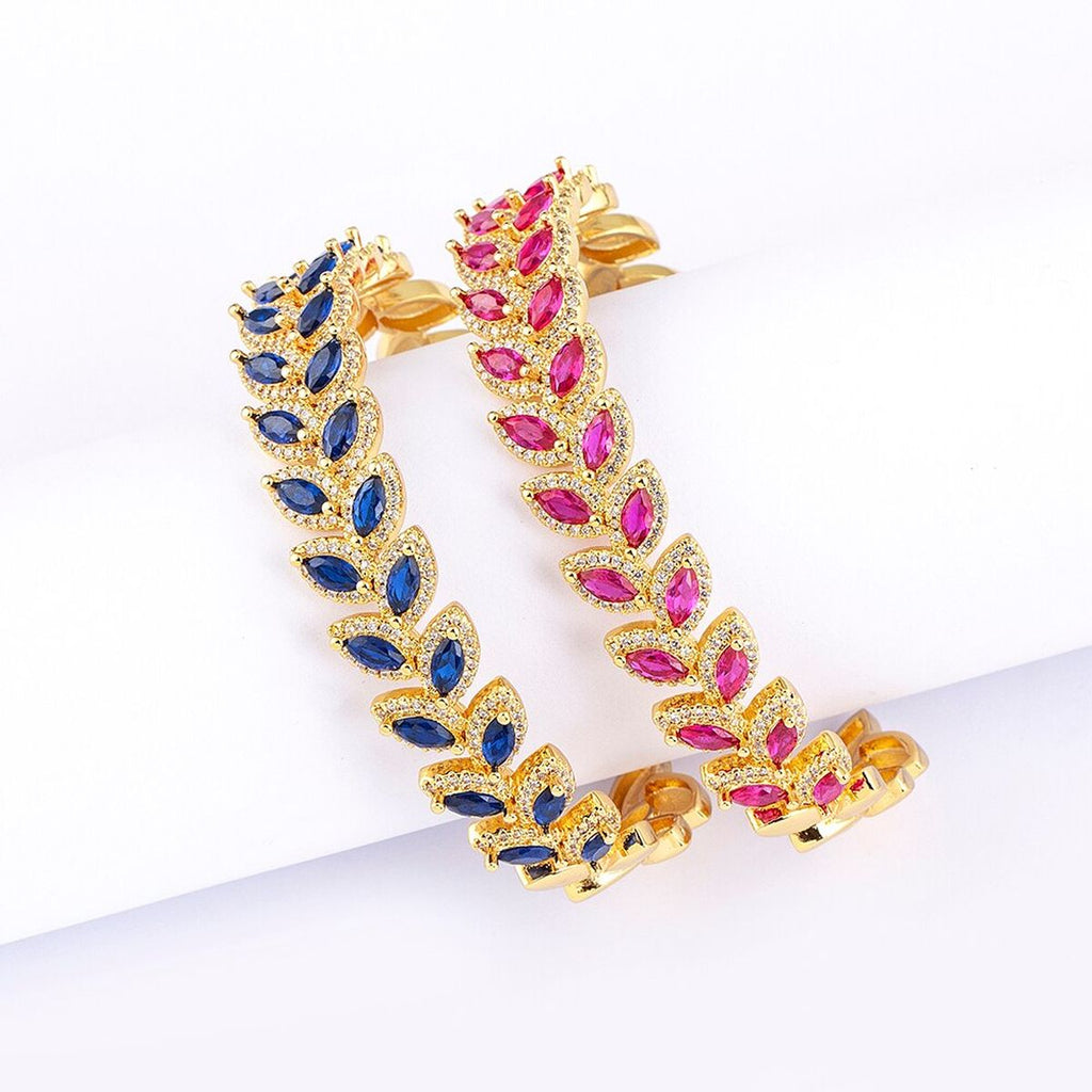 Floral Leaf Ruby Red CZ 18K Gold Anti Tarnish Copper Cuff Kada Bulk