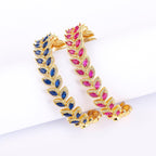 Floral Leaf Ruby Red CZ 18K Gold Anti Tarnish Copper Cuff Kada Bulk