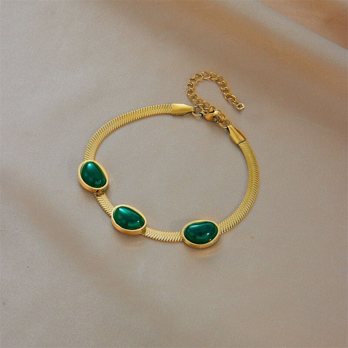 Green Beads 18K Gold Stainless Steel Snake Chain Bracelet Women Bulk