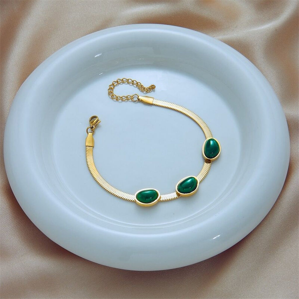 Green Beads 18K Gold Stainless Steel Snake Chain Bracelet Women Bulk
