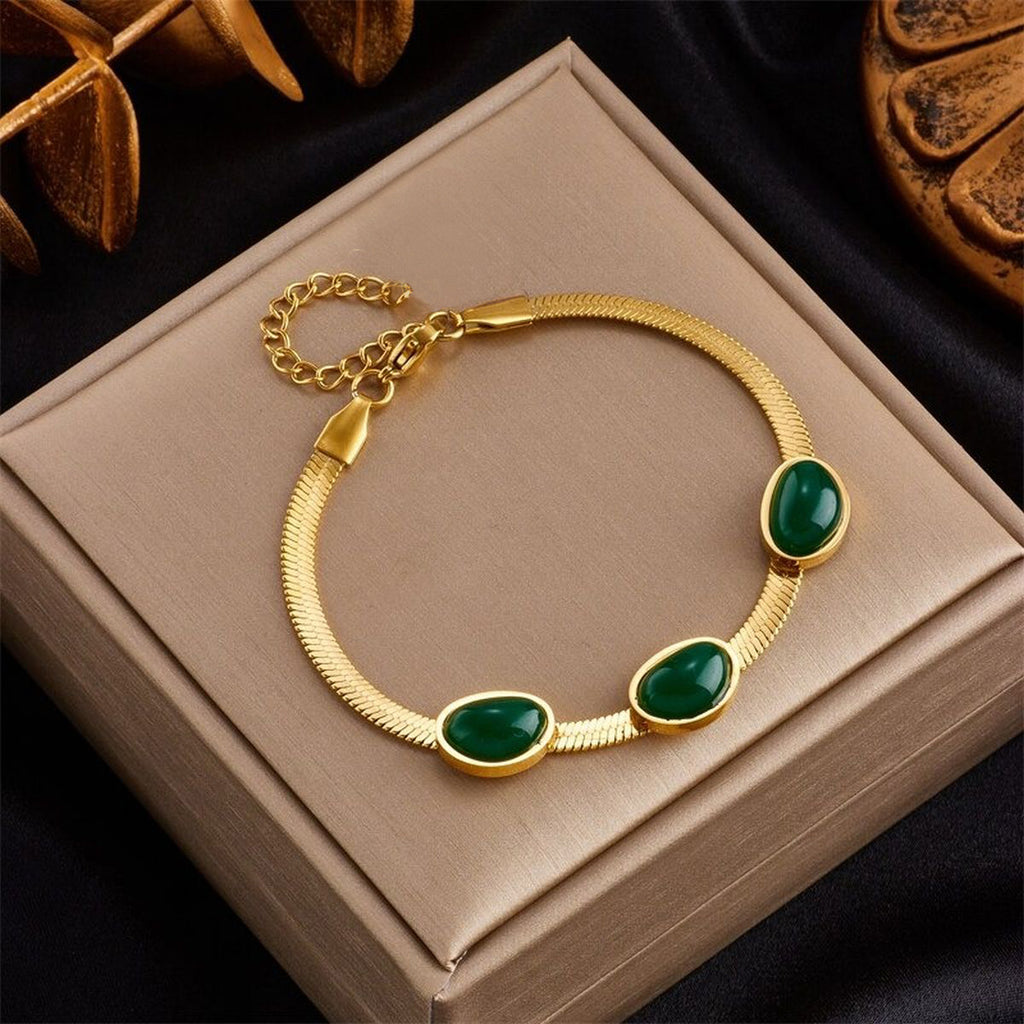 Green Beads 18K Gold Stainless Steel Snake Chain Bracelet Women Bulk
