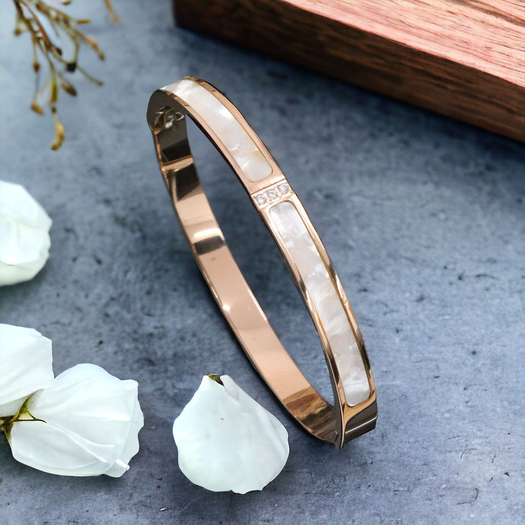 Mother Of Pearl CZ Rose Gold Stainless Steel Kada Bangle Bulk
