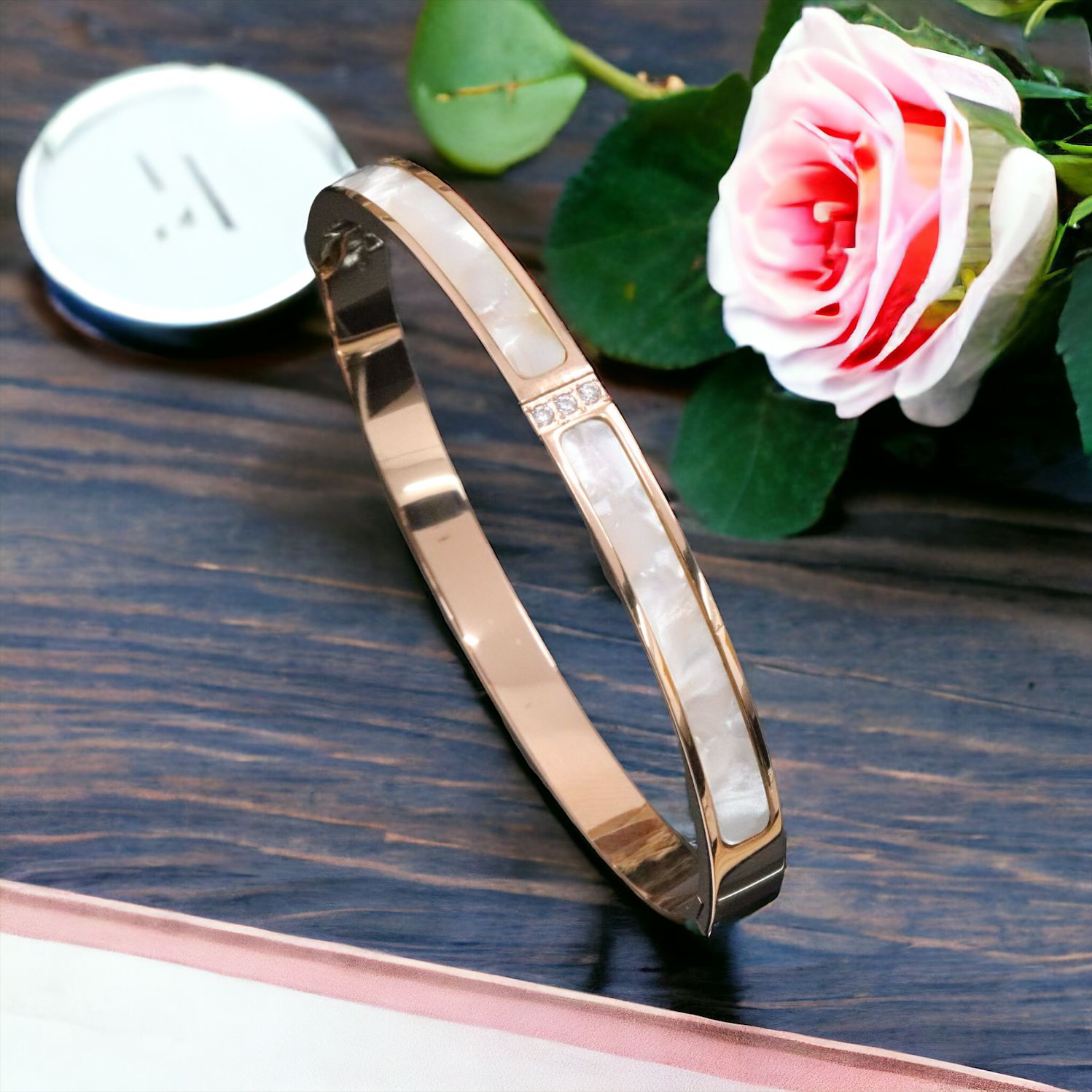 Mother Of Pearl CZ Rose Gold Stainless Steel Kada Bangle Bulk