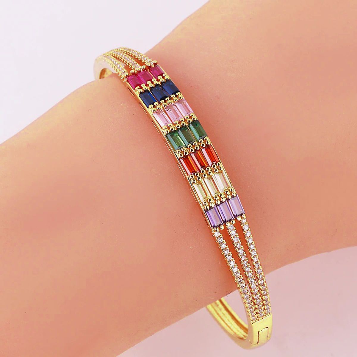 Rainbow Multi Colour Baguette CZ 18K Gold Copper Kada Bangle Bulk