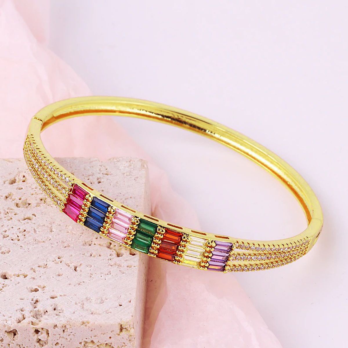 Rainbow Multi Colour Baguette CZ 18K Gold Copper Kada Bangle Bulk