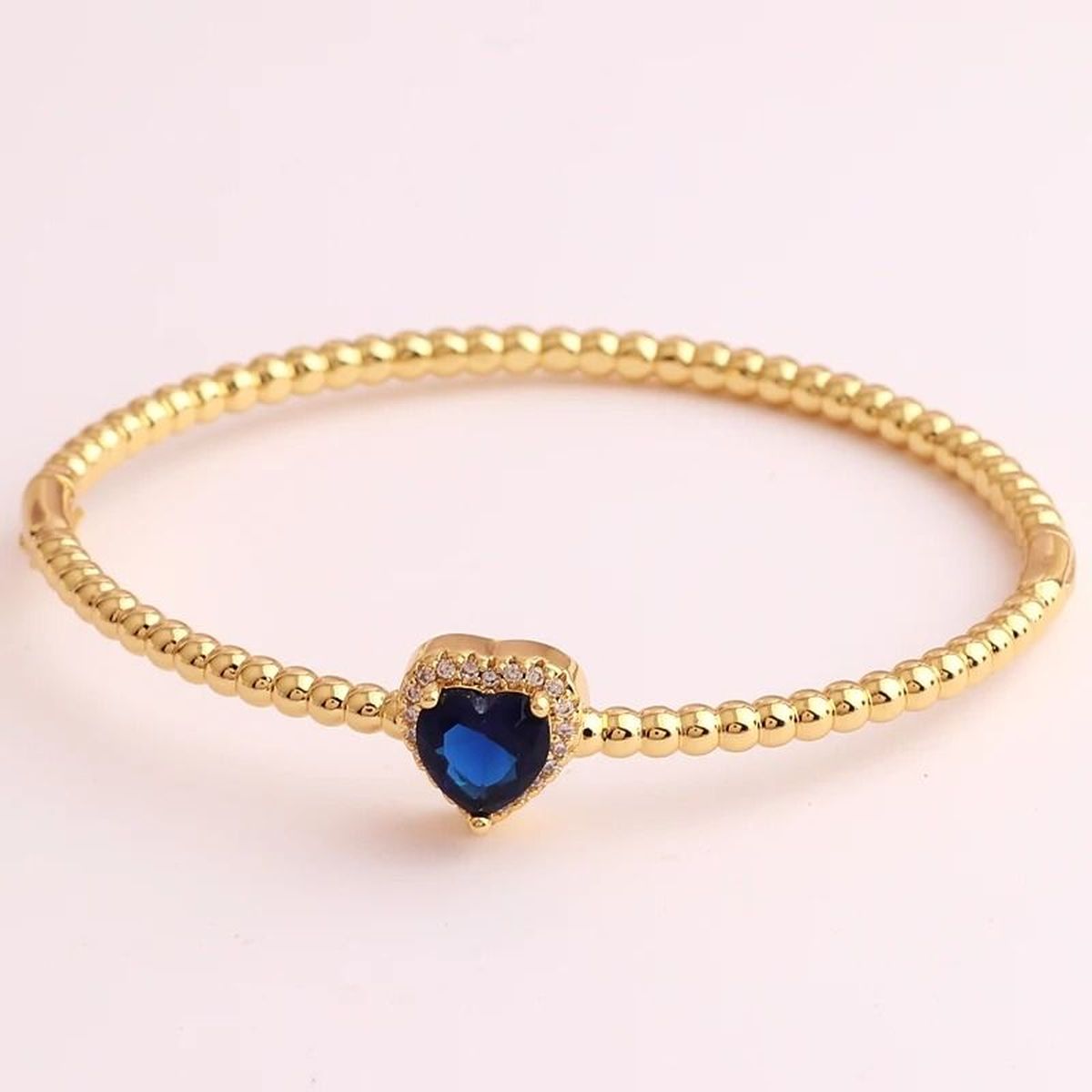 Sapphire Blue Love Heart CZ 18K Gold Cuff Kada Bracelet Bulk