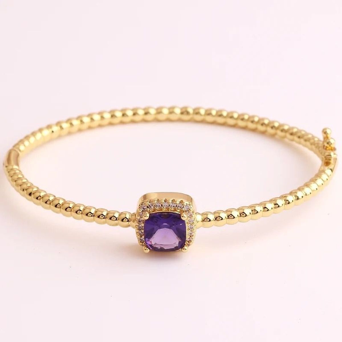 Purple Cushion Cut Cubic Zirconia 18K Gold Cuff Kada Bracelet Bulk