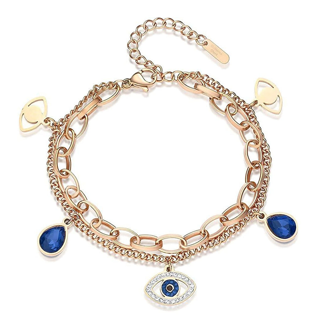 Evil Eye Crystals Layered 18K Rose Gold Links Chain Bracelet Bulk