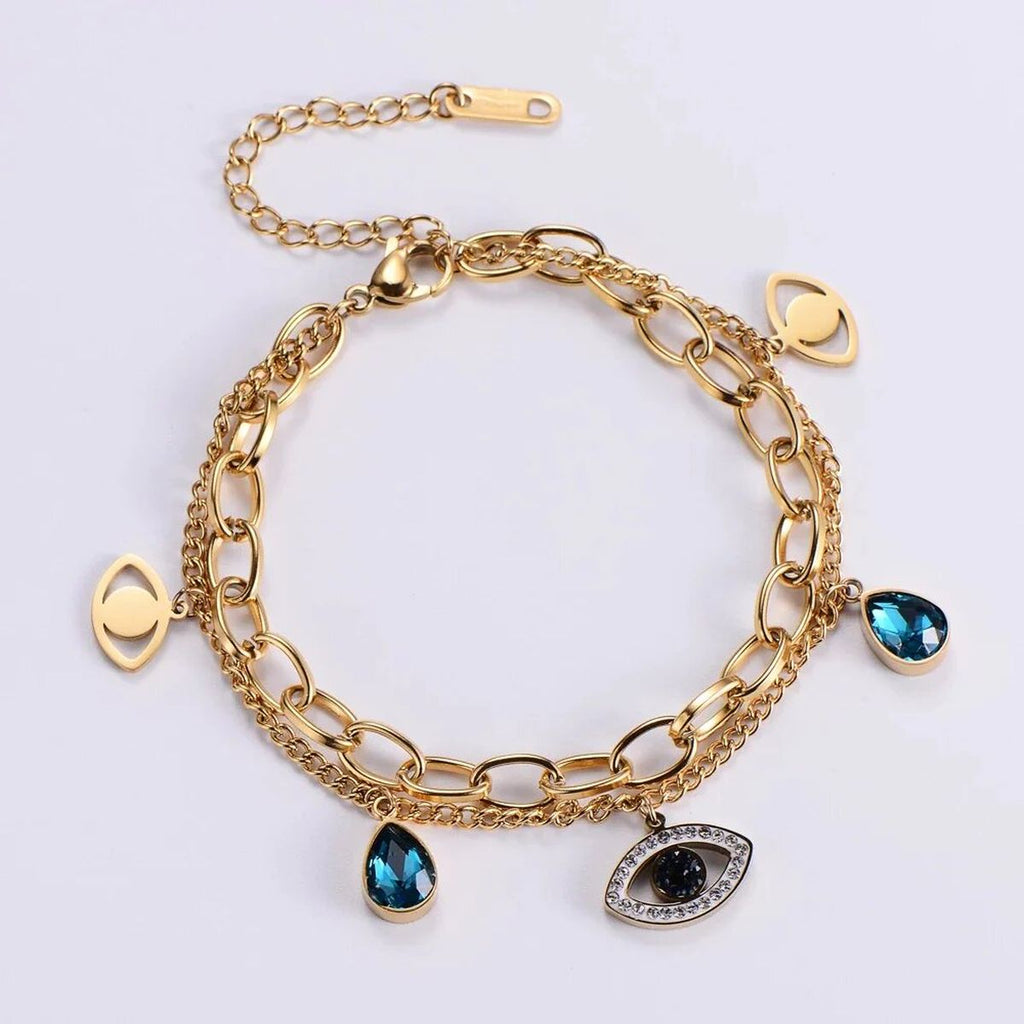 Evil Eye Crystals Layered 18K Rose Gold Links Chain Bracelet Bulk