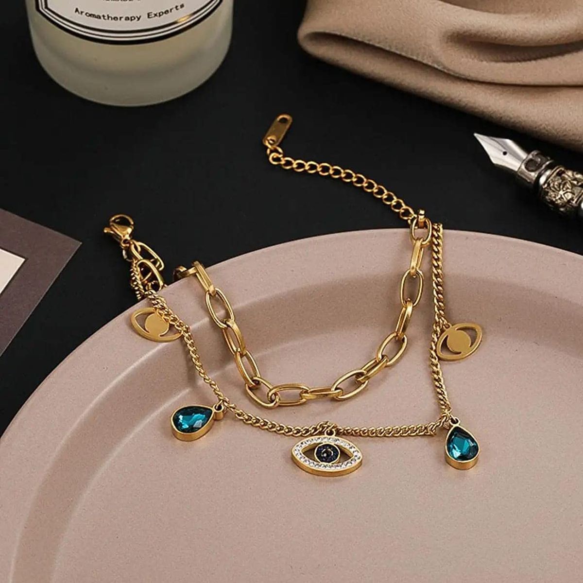 Evil Eye Crystals Layered 18K Rose Gold Links Chain Bracelet Bulk