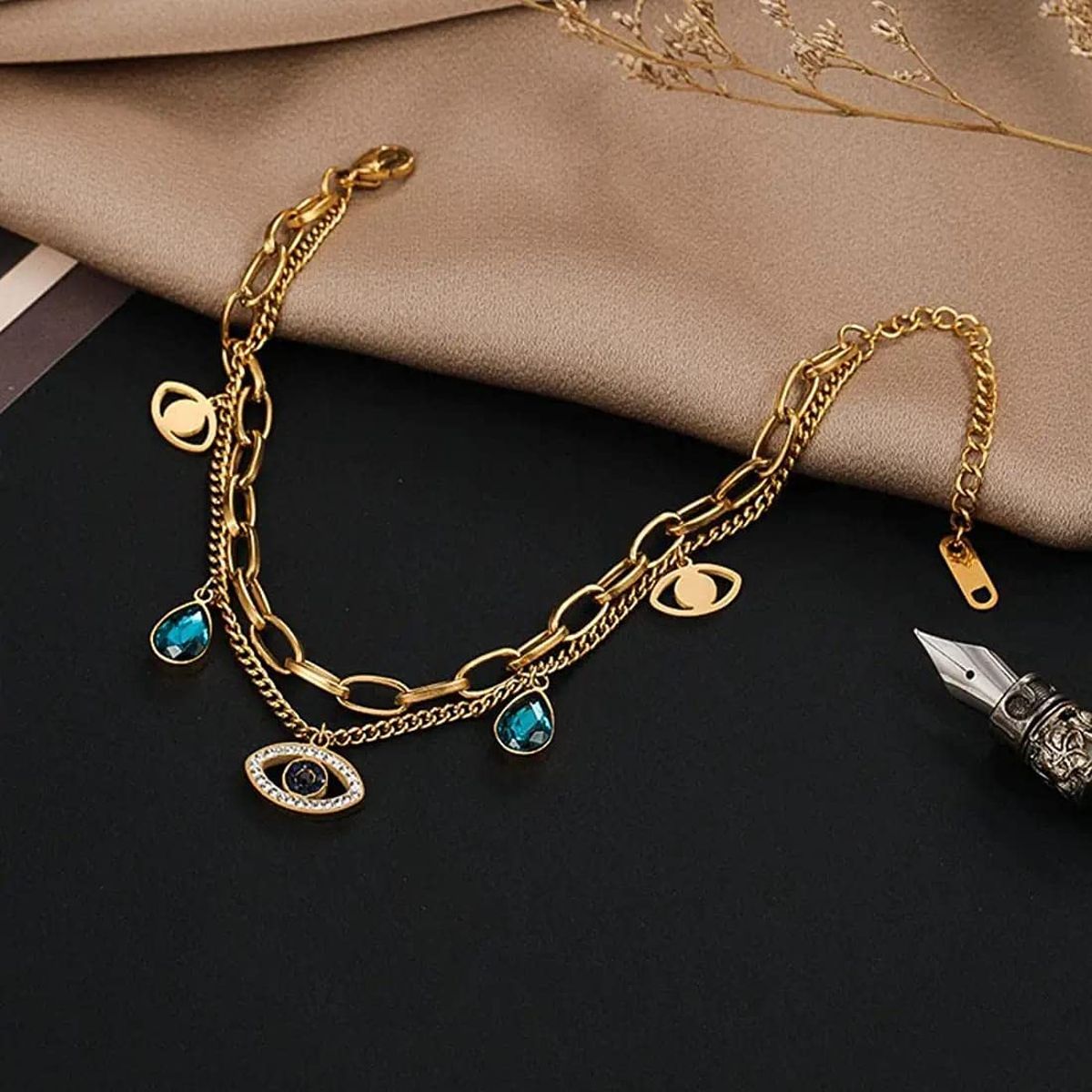 Evil Eye Crystals Layered 18K Rose Gold Links Chain Bracelet Bulk