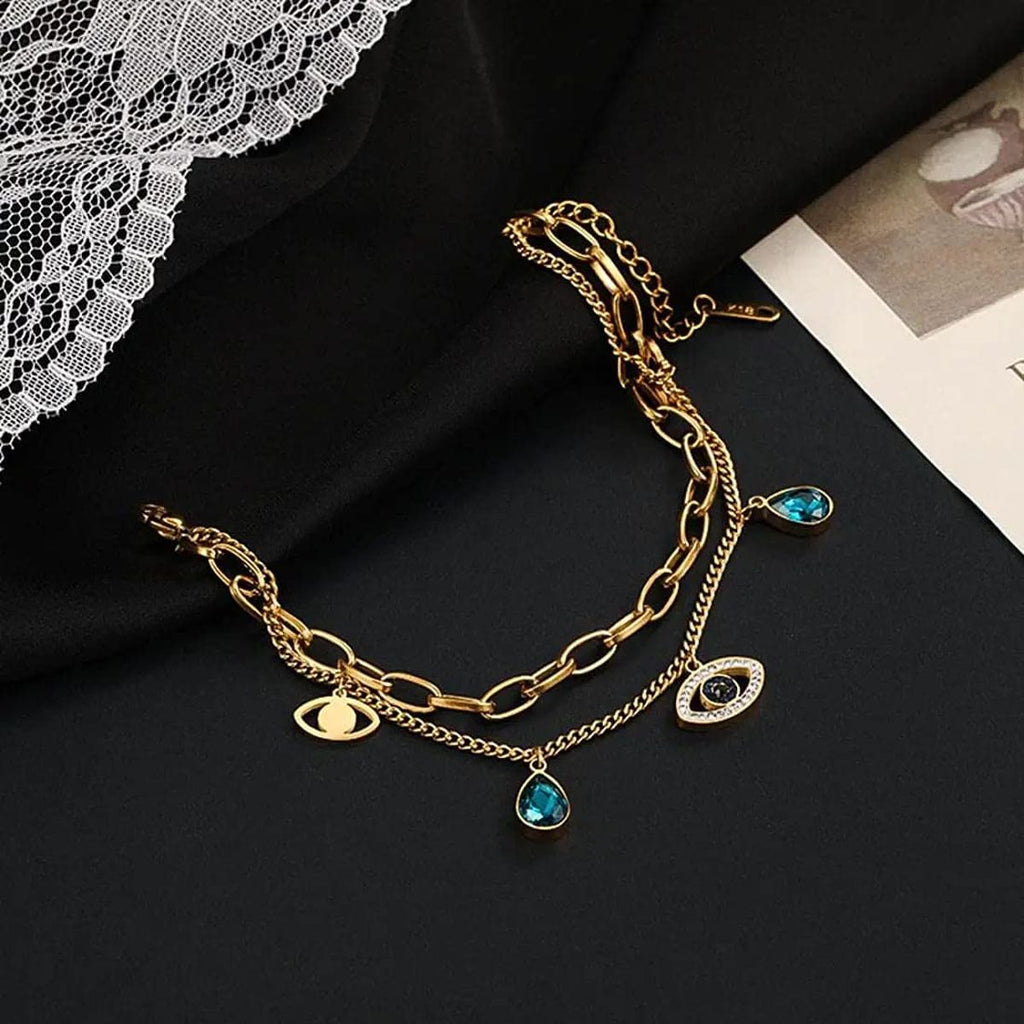 Evil Eye Crystals Layered 18K Rose Gold Links Chain Bracelet Bulk