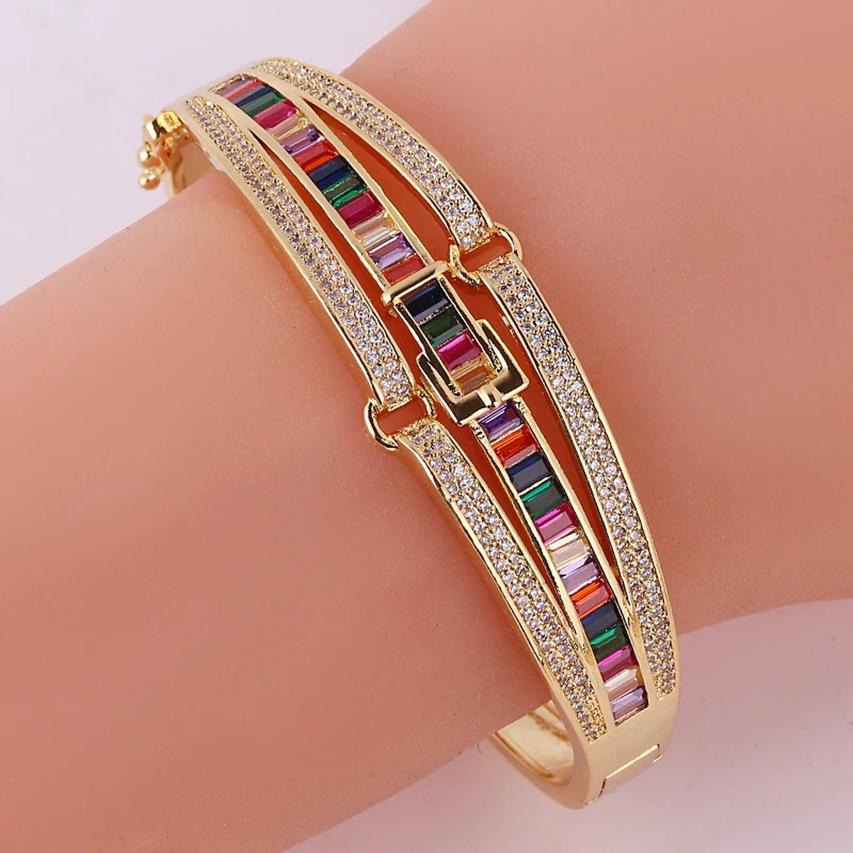 Belt Buckle Rainbow Multi Color 18K Gold Openable Kada Bangle Bulk