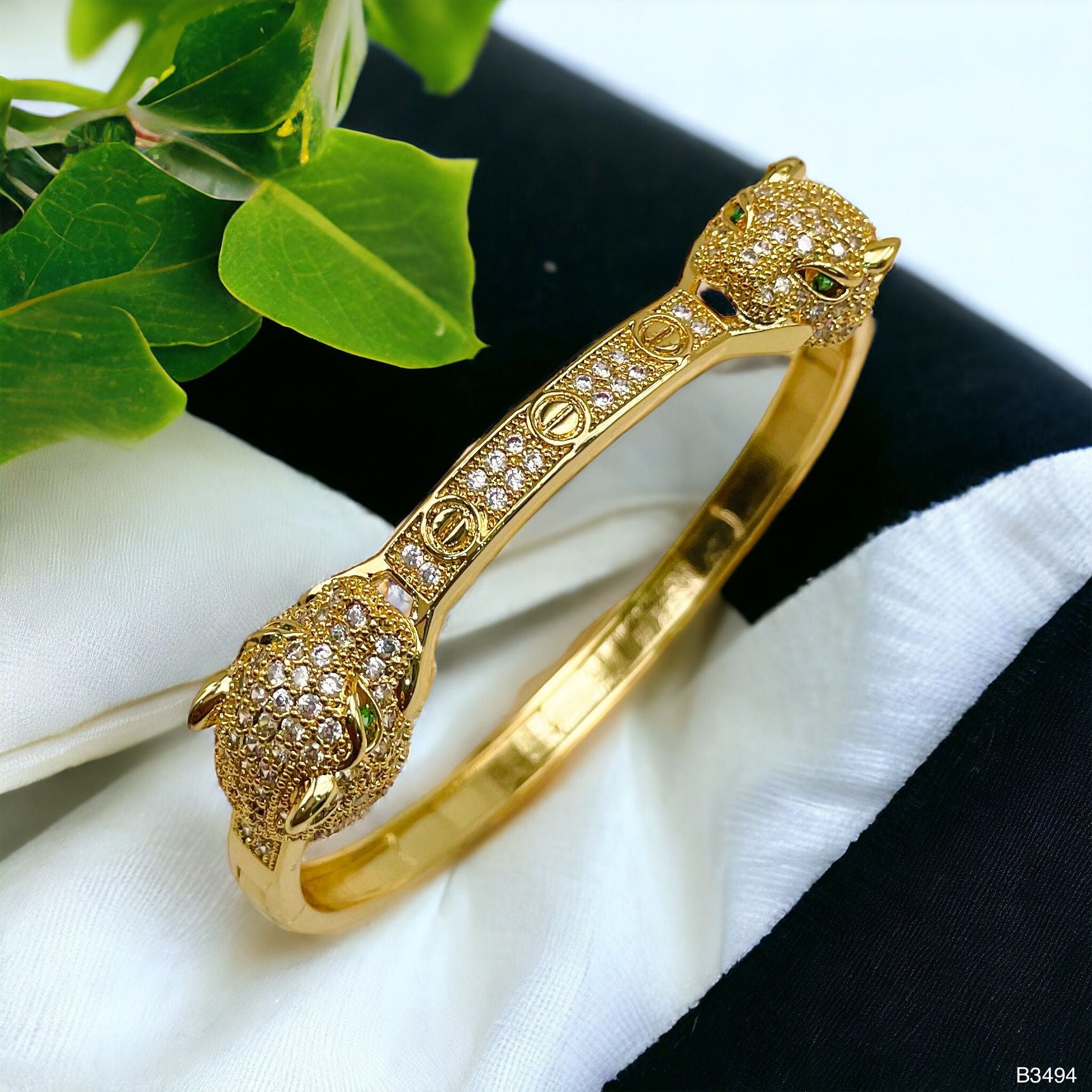 Dual Panther Screw Cubic Zirconia 18K Gold Openable Kada Bangle Bulk