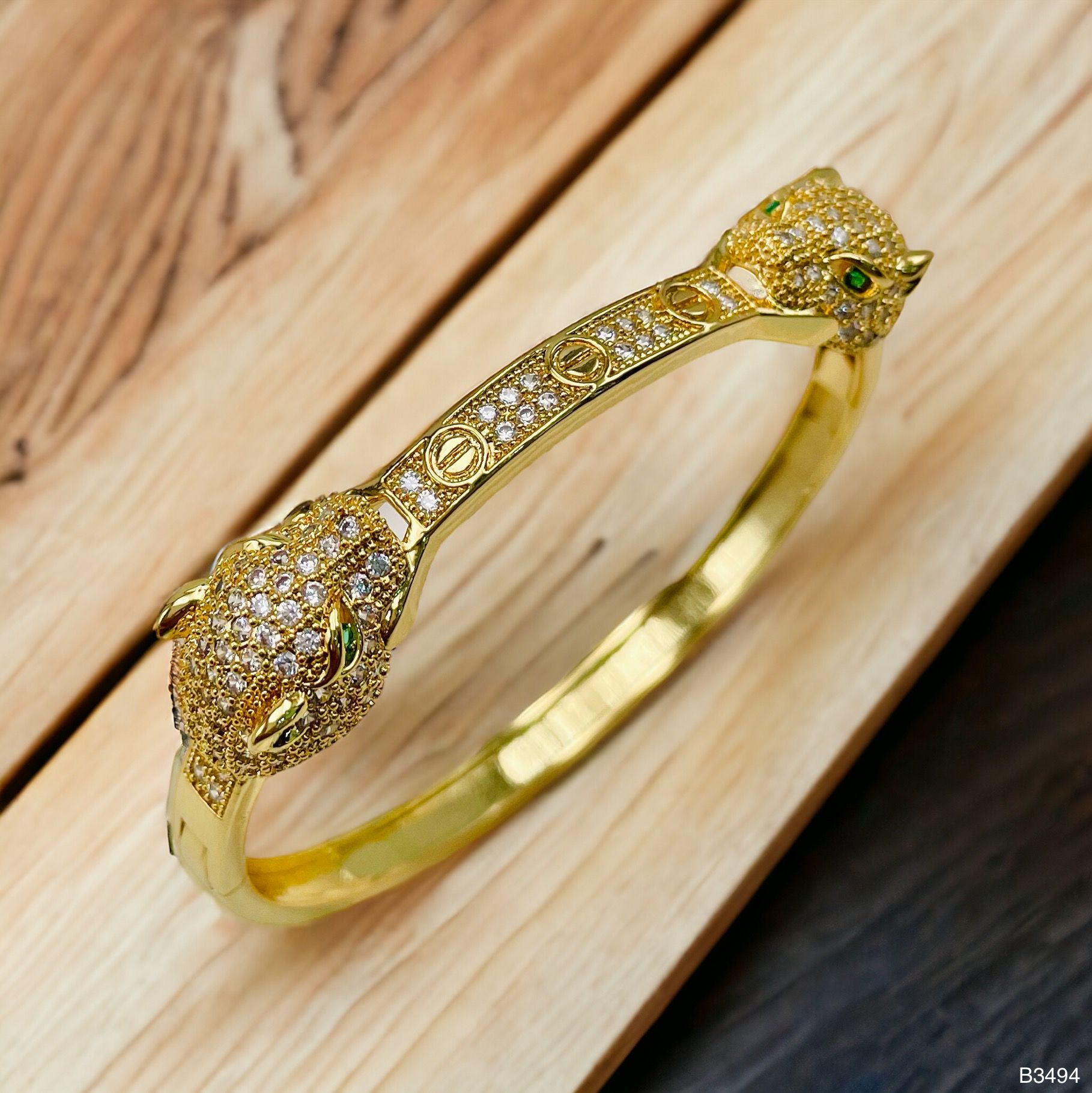 Dual Panther Screw Cubic Zirconia 18K Gold Openable Kada Bangle Bulk