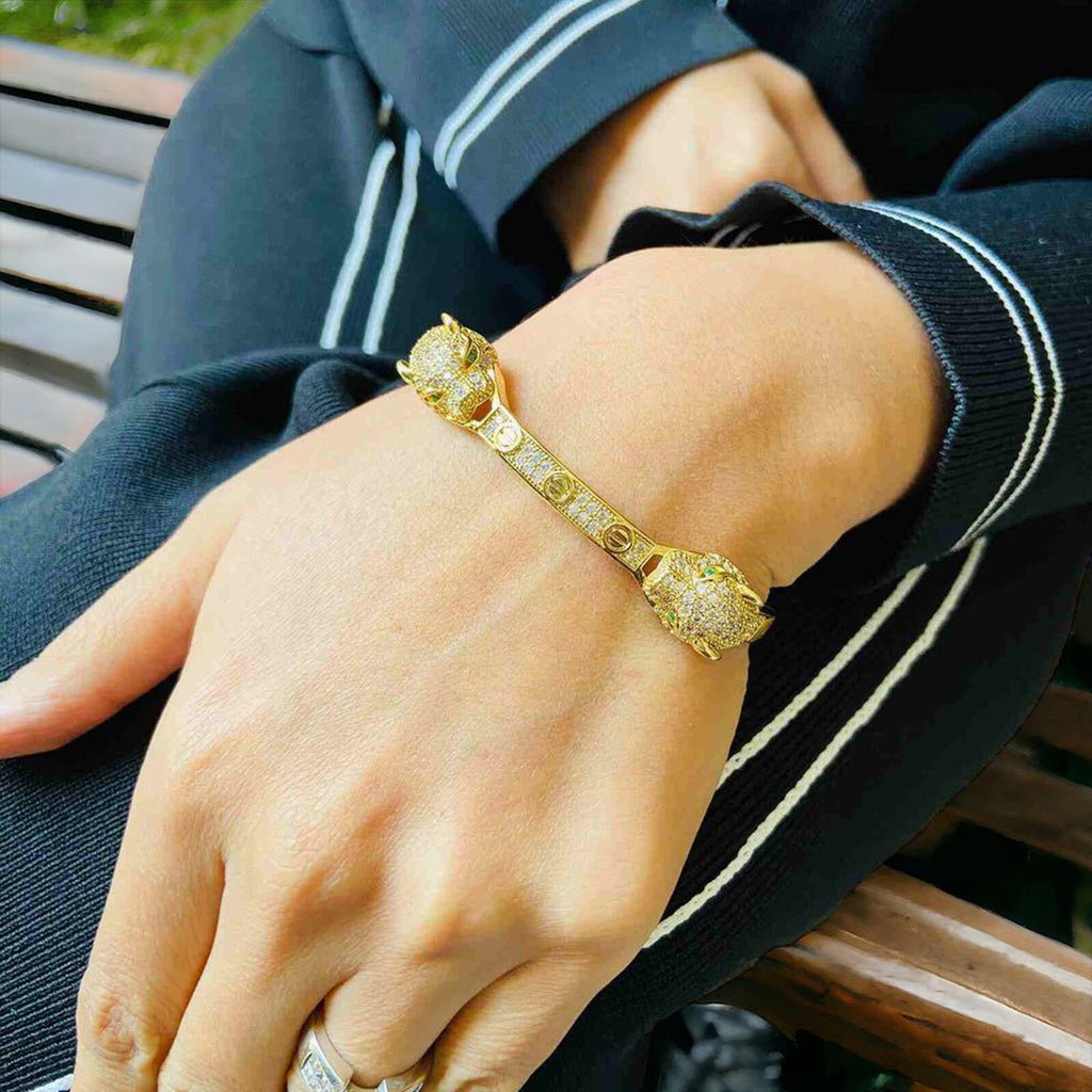 Dual Panther Screw Cubic Zirconia 18K Gold Openable Kada Bangle Bulk