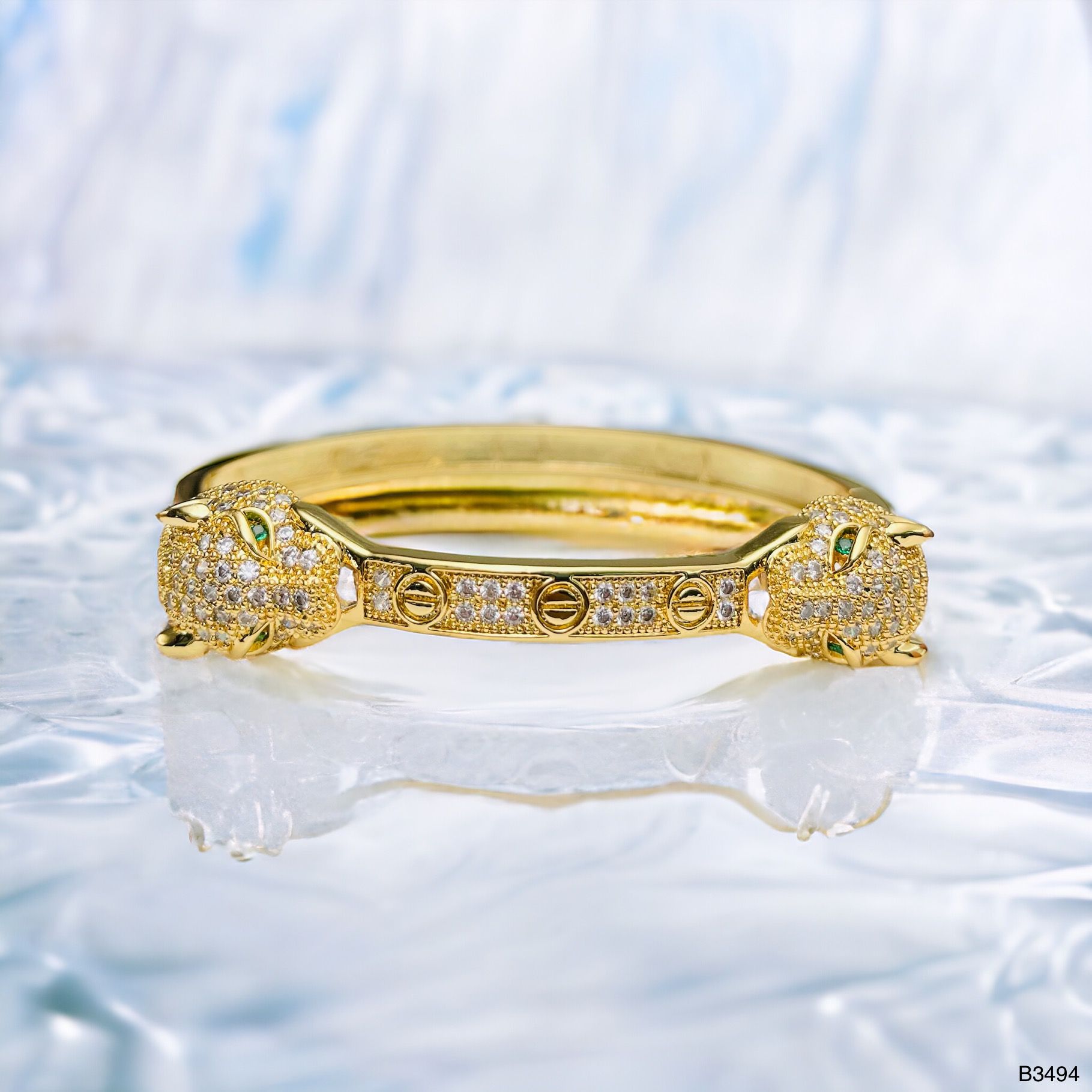 Dual Panther Screw Cubic Zirconia 18K Gold Openable Kada Bangle Bulk