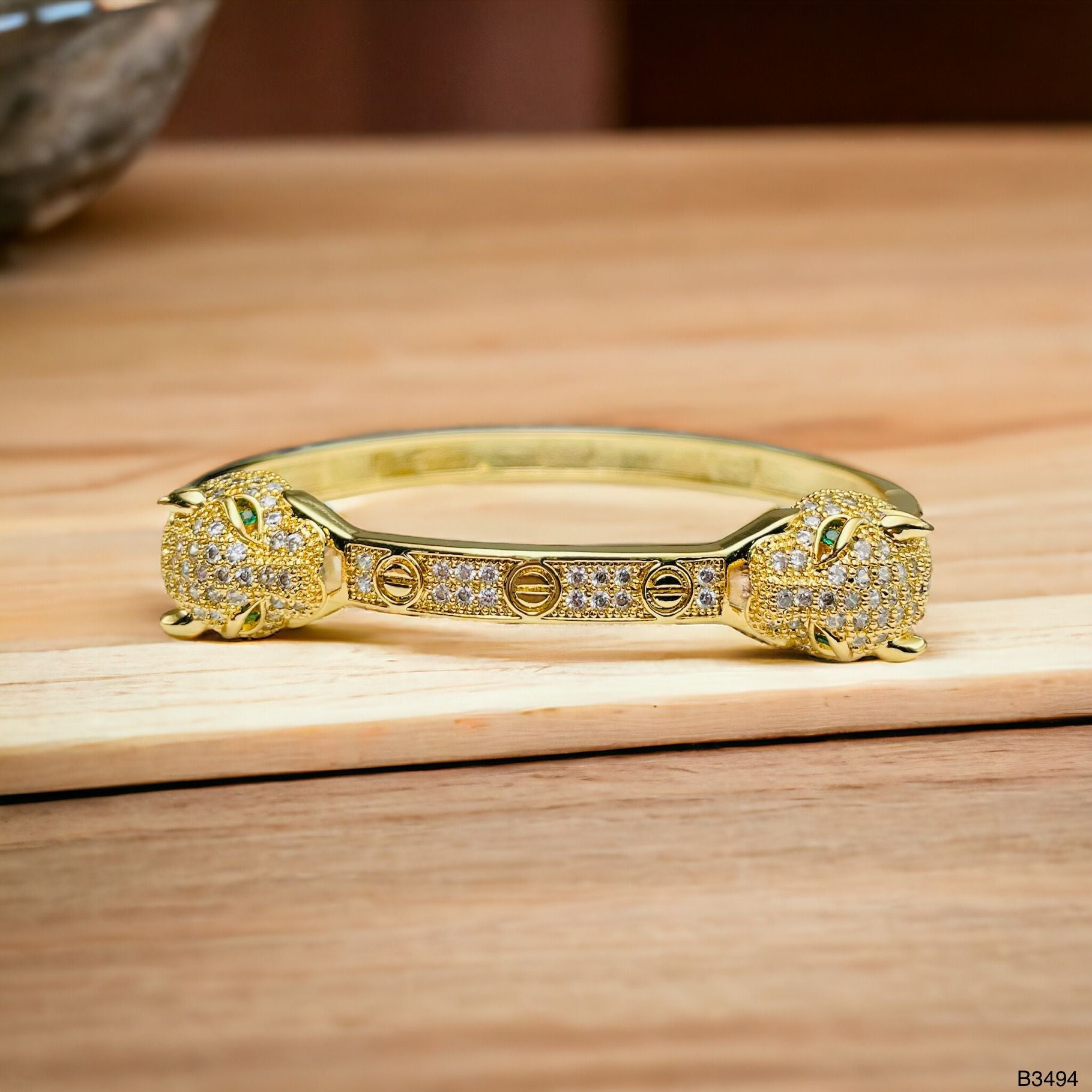 Dual Panther Screw Cubic Zirconia 18K Gold Openable Kada Bangle Bulk