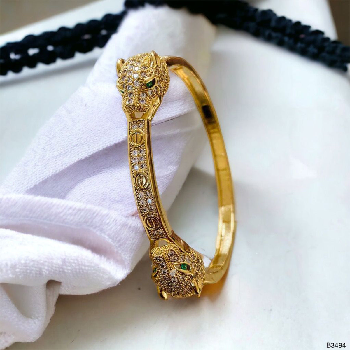 Dual Panther Screw Cubic Zirconia 18K Gold Openable Kada Bangle Bulk