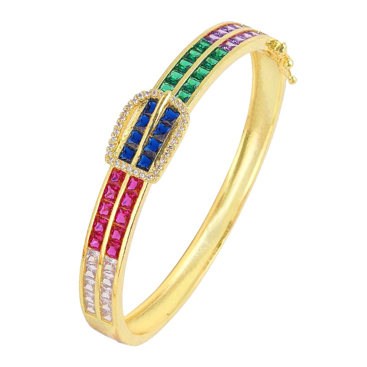 Belt Buckle Multi Color Rainbow CZ 18K Gold Openable Kada Bangle Bulk