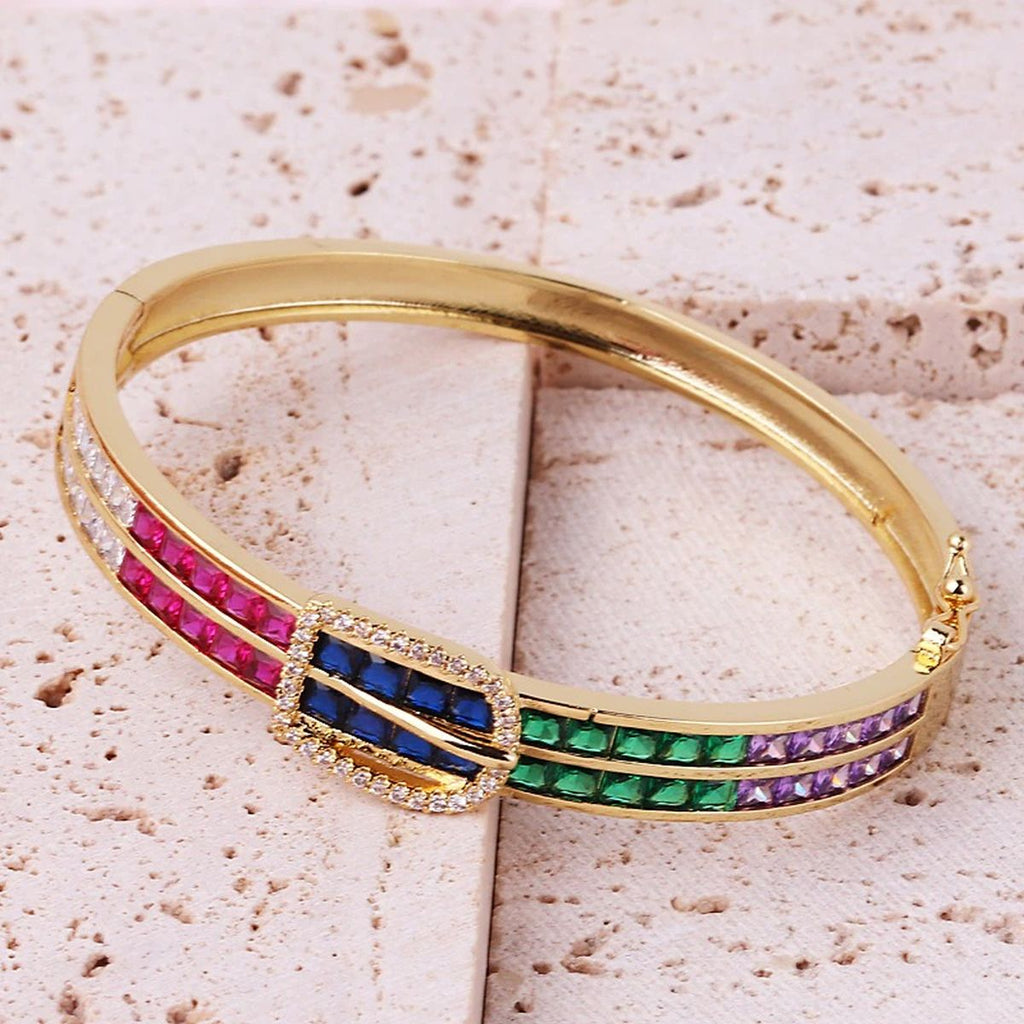 Belt Buckle Multi Color Rainbow CZ 18K Gold Openable Kada Bangle Bulk