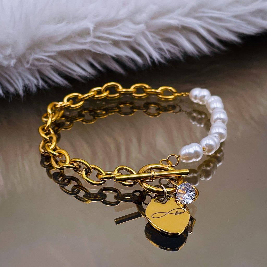 Heart Love Solitaire Pearl Links Toggle Clasp 18K Gold Stainless Steel Bracelet  Women