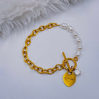Heart Love Solitaire Pearl Links Toggle Clasp 18K Gold Stainless Steel Bracelet  Women