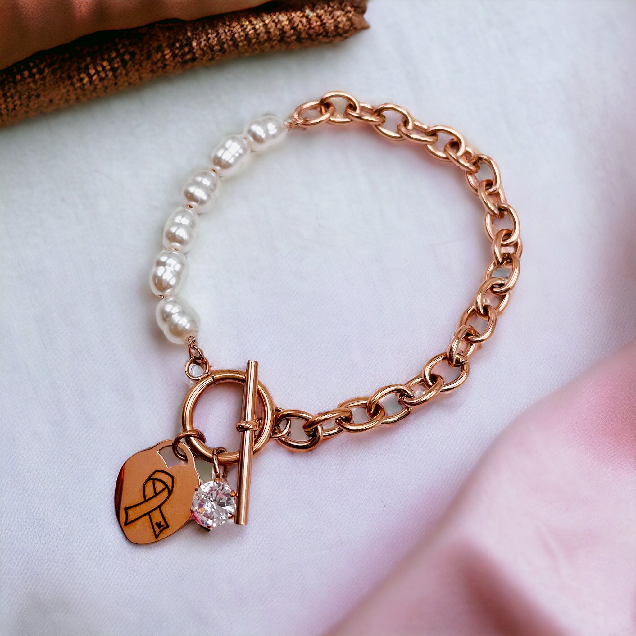 Heart Love Solitaire Pearl Links Toggle Clasp 18K Gold Stainless Steel Bracelet  Women