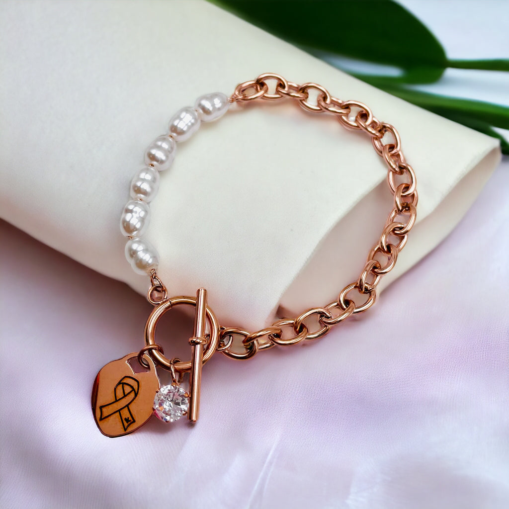 Heart Love Solitaire Pearl Links Toggle Clasp 18K Gold Stainless Steel Bracelet  Women