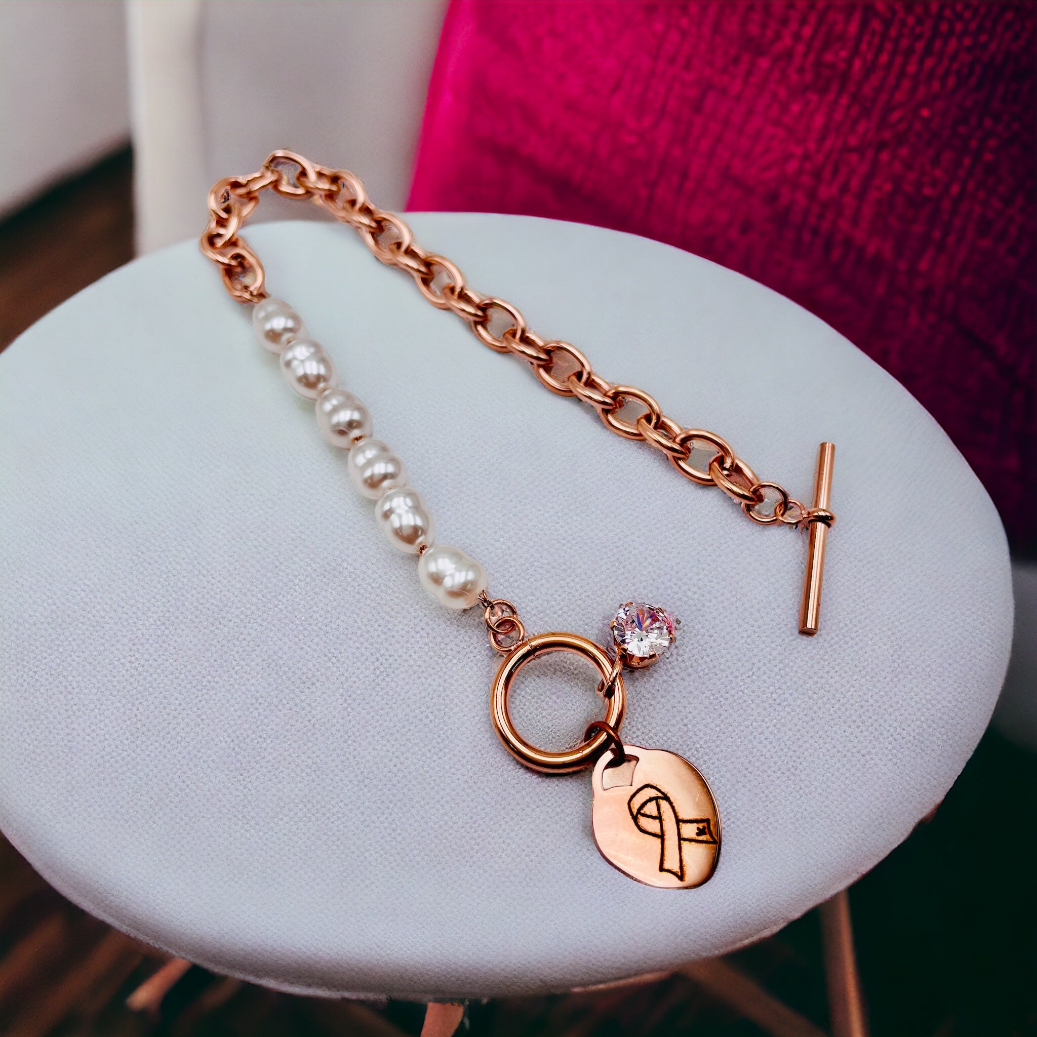 Heart Love Solitaire Pearl Links Toggle Clasp 18K Gold Stainless Steel Bracelet  Women