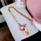 Heart Love Solitaire Pearl Links Toggle Clasp 18K Gold Stainless Steel Bracelet  Women