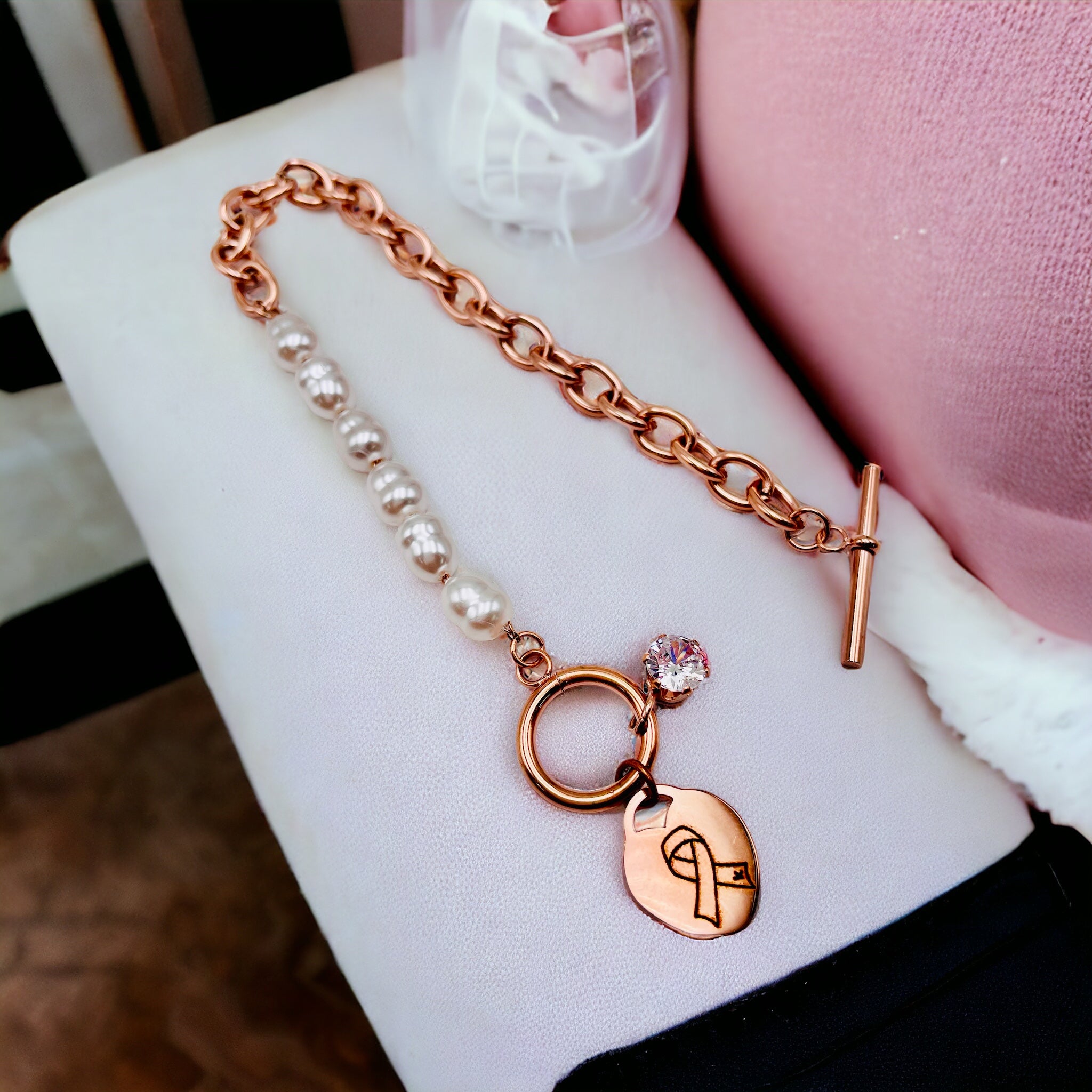 Heart Love Solitaire Pearl Links Toggle Clasp 18K Gold Stainless Steel Bracelet  Women