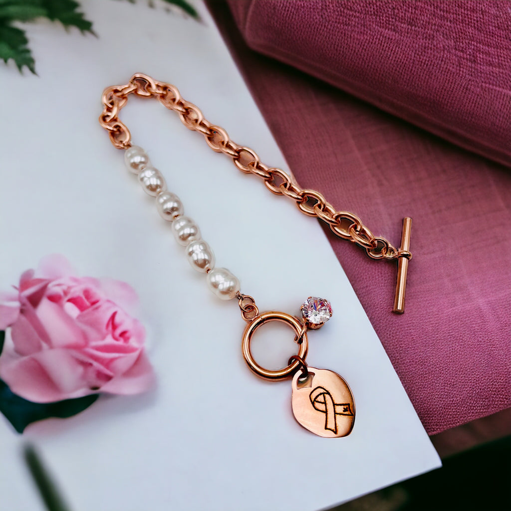 Heart Love Solitaire Pearl Links Toggle Clasp 18K Gold Stainless Steel Bracelet  Women