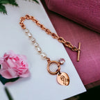 Heart Love Solitaire Pearl Links Toggle Clasp 18K Gold Stainless Steel Bracelet  Women