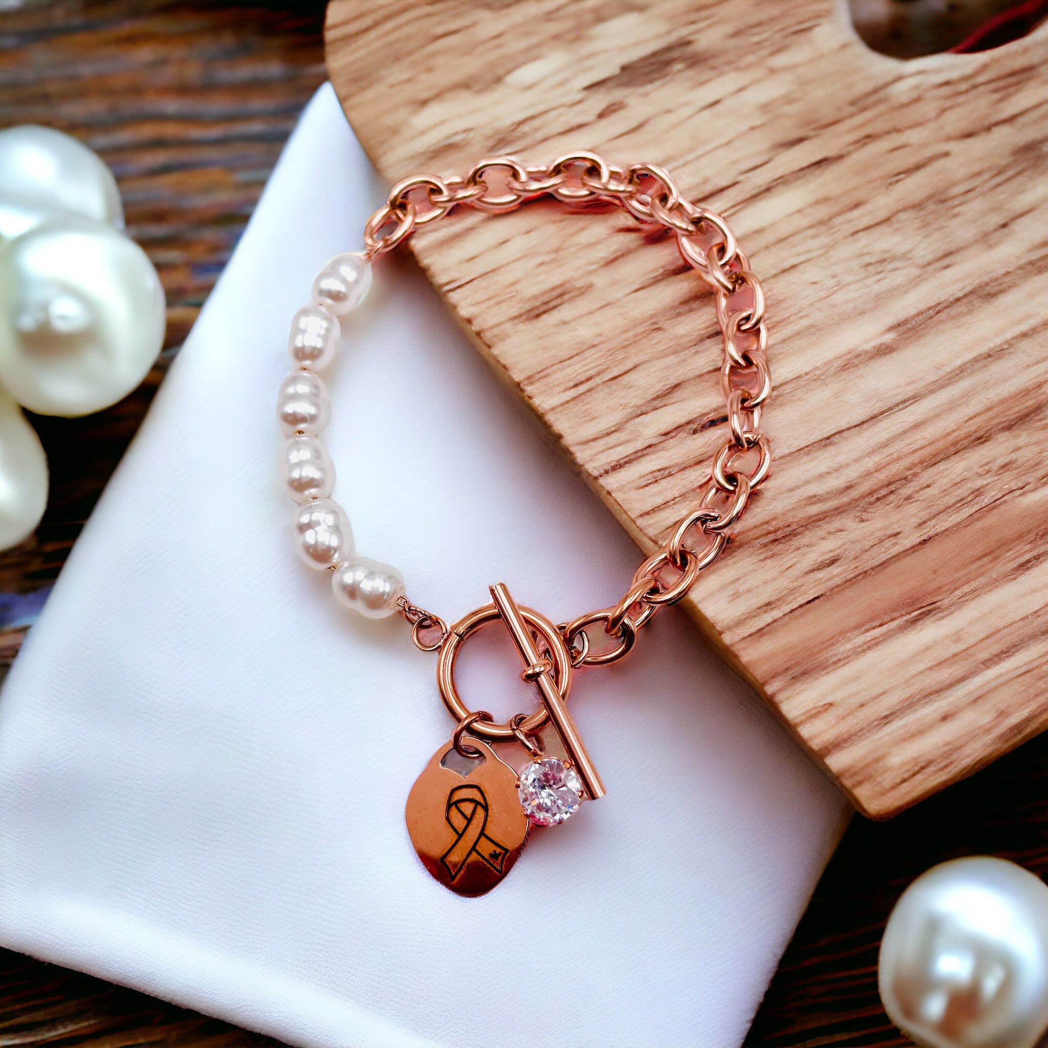 Heart Love Solitaire Pearl Links Toggle Clasp 18K Gold Stainless Steel Bracelet  Women