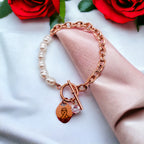 Heart Love Solitaire Pearl Links Toggle Clasp 18K Gold Stainless Steel Bracelet  Women