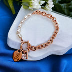 Heart Love Solitaire Pearl Links Toggle Clasp 18K Gold Stainless Steel Bracelet  Women