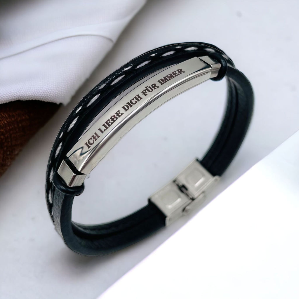 Stainless Steel Gold Black Customized Personalised Laser Engraved Leather Wrist Band ID Bracelet Men