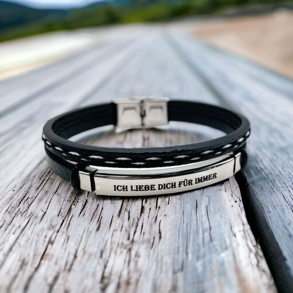 Stainless Steel Gold Black Customized Personalised Laser Engraved Leather Wrist Band ID Bracelet Men
