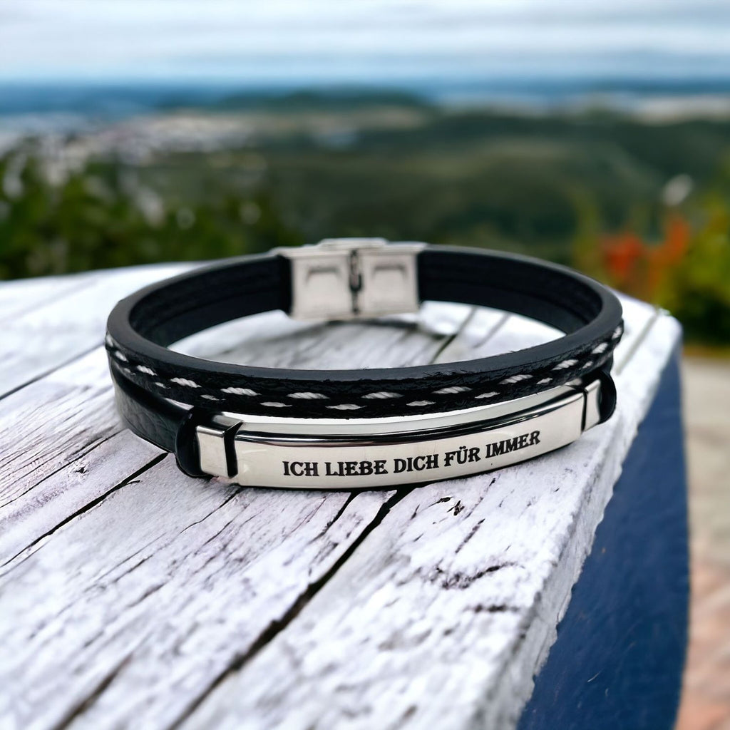 Stainless Steel Gold Black Customized Personalised Laser Engraved Leather Wrist Band ID Bracelet Men