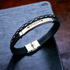 Stainless Steel Gold Black Customized Personalised Laser Engraved Leather Wrist Band ID Bracelet Men