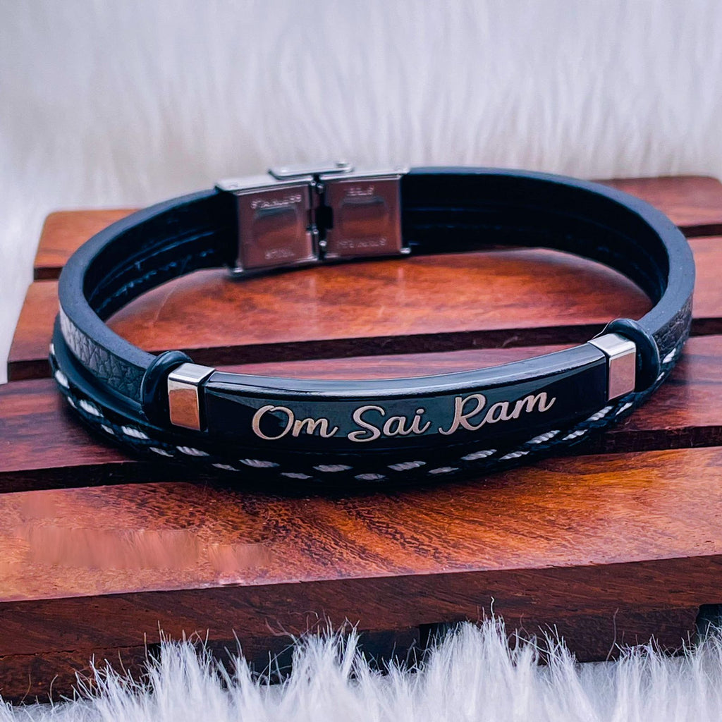 Stainless Steel Gold Black Customized Personalised Laser Engraved Leather Wrist Band ID Bracelet Men