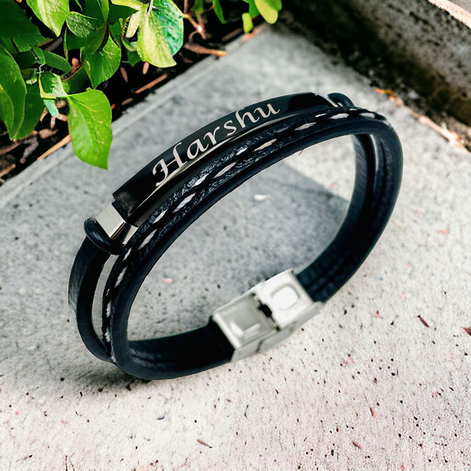 Stainless Steel Gold Black Customized Personalised Laser Engraved Leather Wrist Band ID Bracelet Men