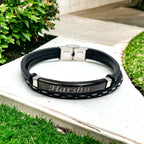 Stainless Steel Gold Black Customized Personalised Laser Engraved Leather Wrist Band ID Bracelet Men