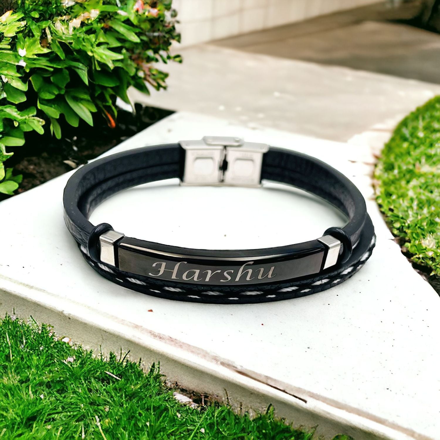 Stainless Steel Gold Black Customized Personalised Laser Engraved Leather Wrist Band ID Bracelet Men