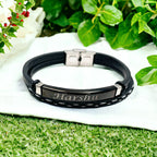 Stainless Steel Gold Black Customized Personalised Laser Engraved Leather Wrist Band ID Bracelet Men